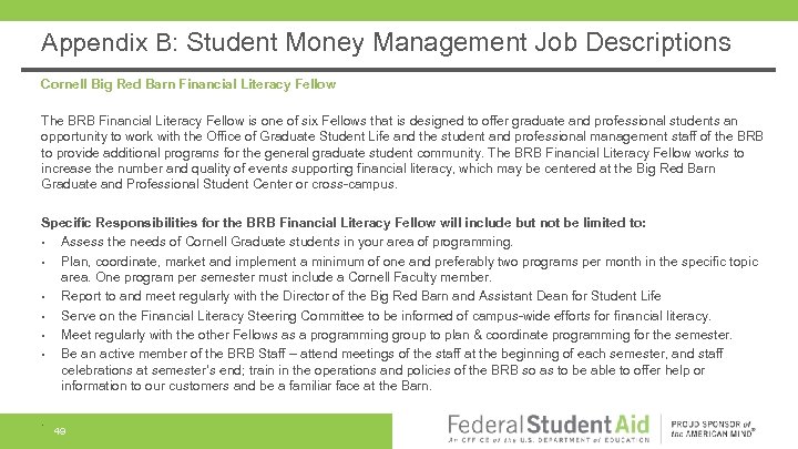 Appendix B: Student Money Management Job Descriptions Cornell Big Red Barn Financial Literacy Fellow