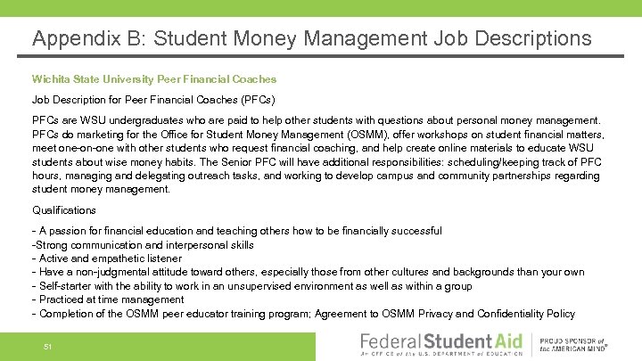 Appendix B: Student Money Management Job Descriptions Wichita State University Peer Financial Coaches Job