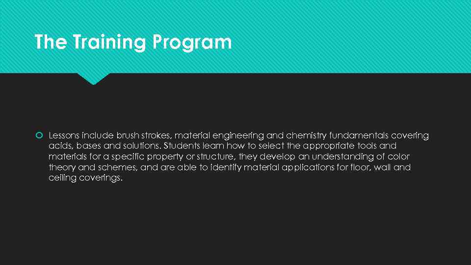 The Training Program Lessons include brush strokes, material engineering and chemistry fundamentals covering acids,