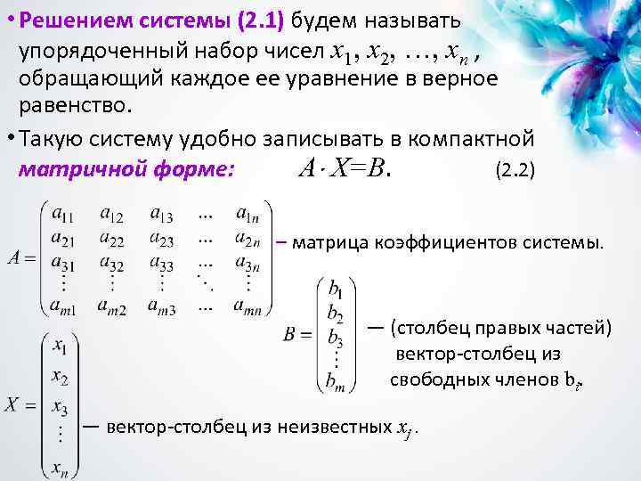  • Решением системы (2. 1) будем называть упорядоченный набор чисел x 1, x