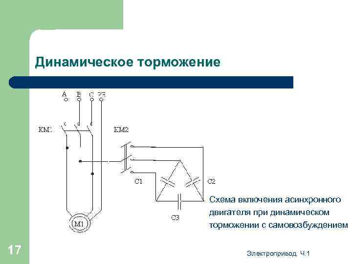 Динамическое торможение Схема включения асинхронного двигателя при динамическом торможении с самовозбуждением 17 Электропривод. Ч.