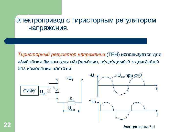 Электропривод с тиристорным регулятором напряжения. Тиристорный регулятор напряжения (ТРН) используется для изменения амплитуды напряжения,