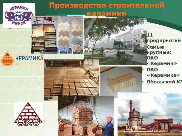 Производство строительной керамики v 11 предприятий v Самые крупные: ОАО «Керамин» v ОАО «Керамика»