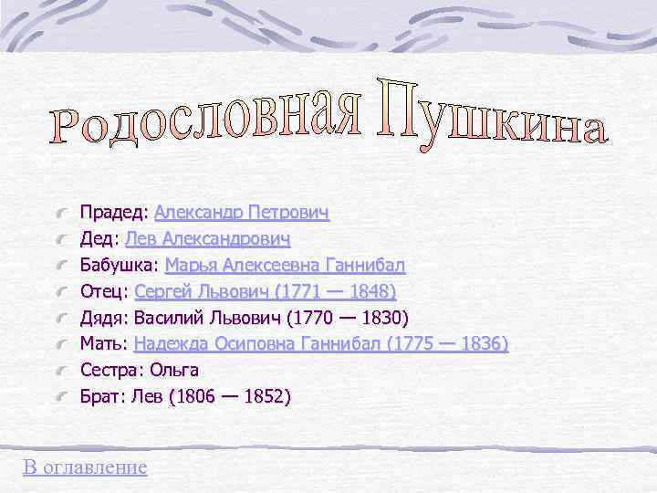 Прадед: Александр Петрович Дед: Лев Александрович Бабушка: Марья Алексеевна Ганнибал Отец: Сергей Львович (1771