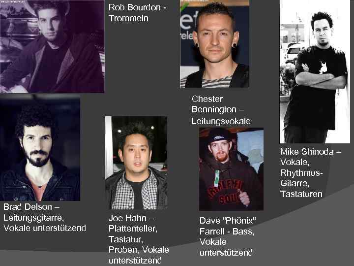 Rob Bourdon Trommeln Chester Bennington – Leitungsvokale Mike Shinoda – Vokale, Rhythmus. Gitarre, Tastaturen