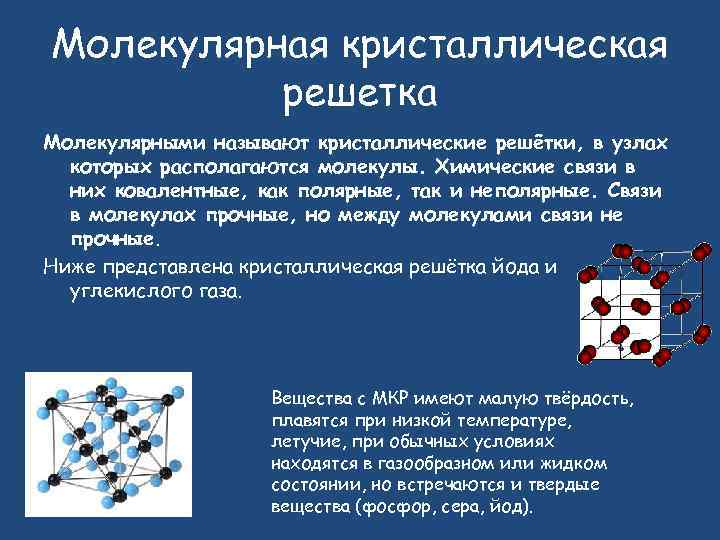 Молекулярная кристаллическая решетка Молекулярными называют кристаллические решётки, в узлах которых располагаются молекулы. Химические связи