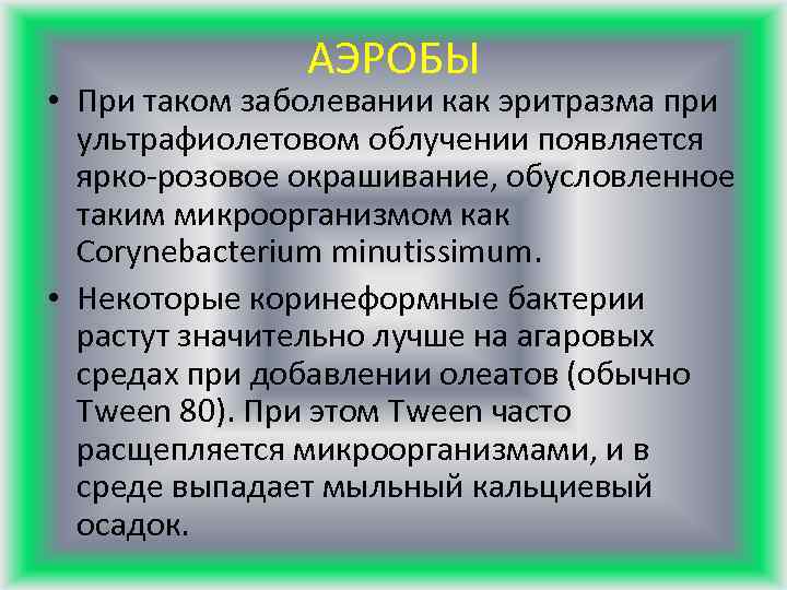 АЭРОБЫ • При таком заболевании как эритразма при ультрафиолетовом облучении появляется ярко-розовое окрашивание, обусловленное