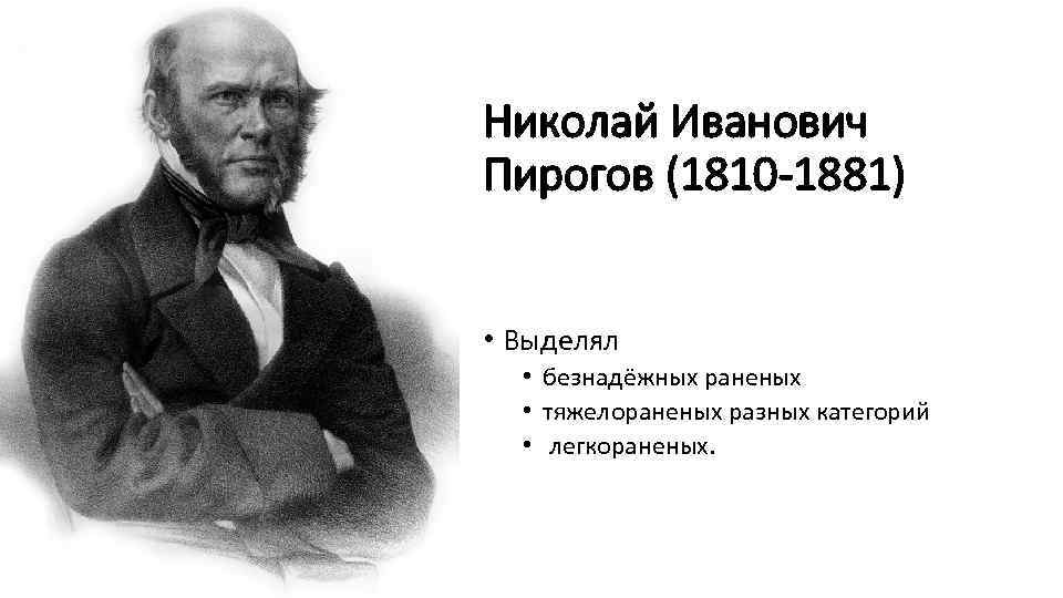Николай Иванович Пирогов (1810 -1881) • Выделял • безнадёжных раненых • тяжелораненых разных категорий