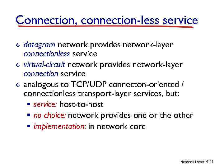 Connection, connection-less service v v v datagram network provides network-layer connectionless service virtual-circuit network