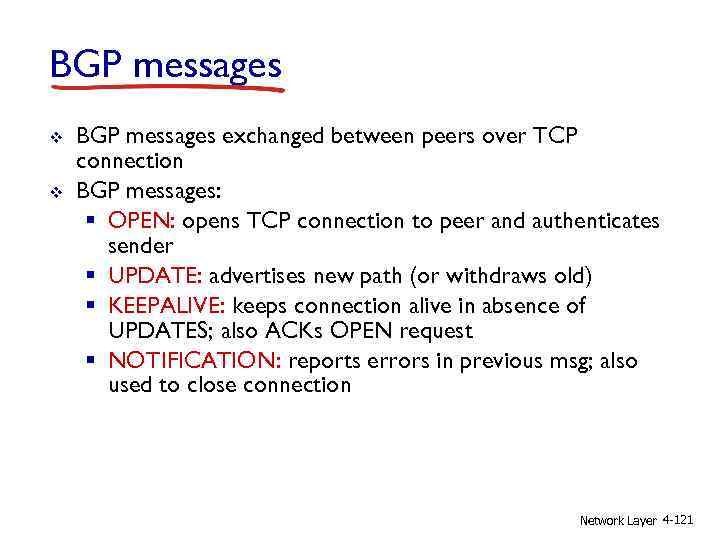 BGP messages v v BGP messages exchanged between peers over TCP connection BGP messages: