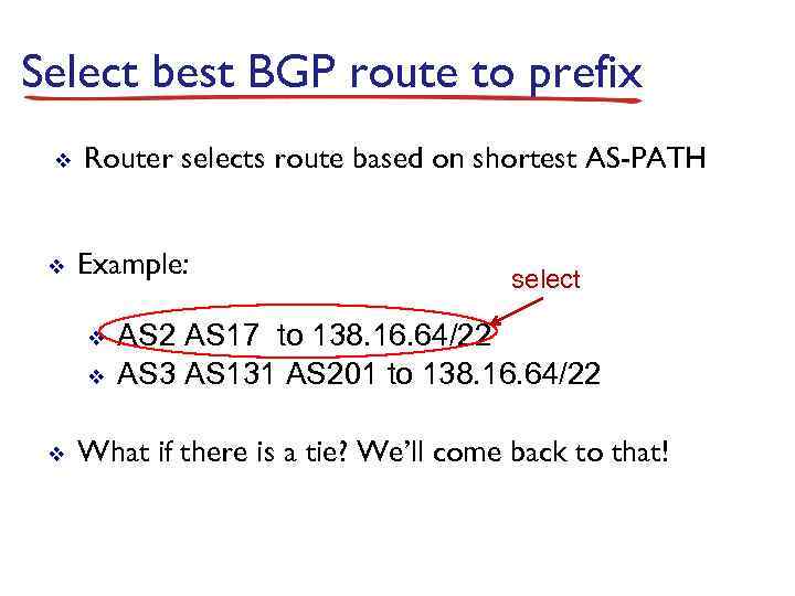 Select best BGP route to prefix v v Router selects route based on shortest