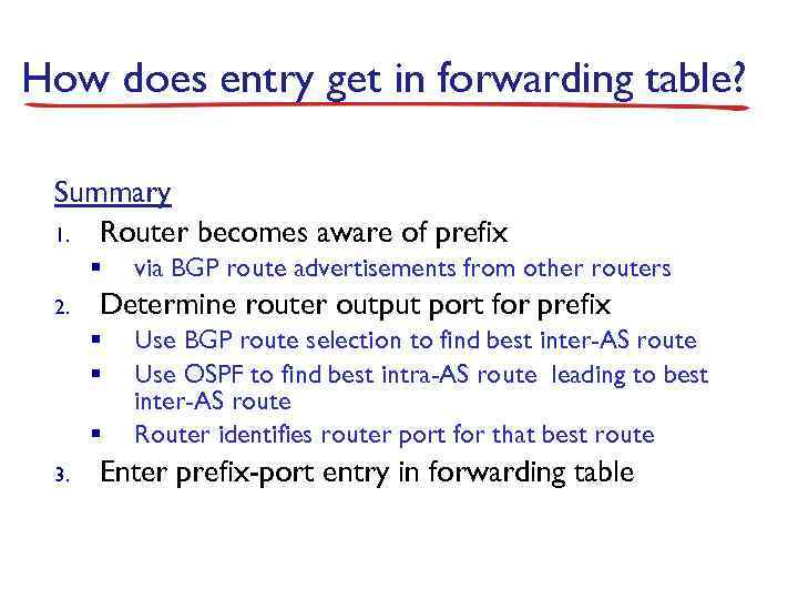 How does entry get in forwarding table? Summary 1. Router becomes aware of prefix