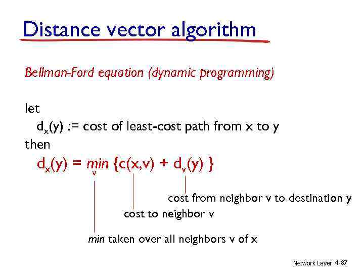 Distance vector algorithm Bellman-Ford equation (dynamic programming) let dx(y) : = cost of least-cost