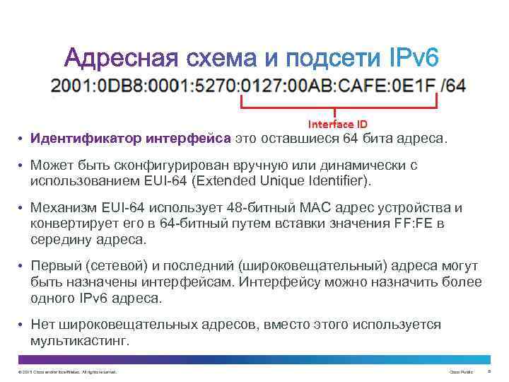  • Идентификатор интерфейса это оставшиеся 64 бита адреса. • Может быть сконфигурирован вручную