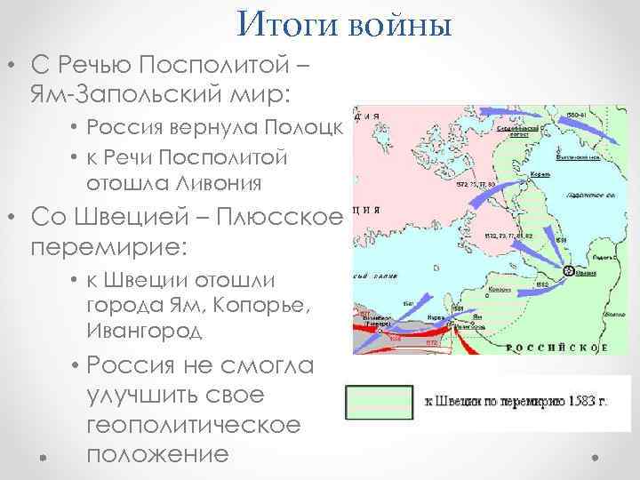 Итоги войны • С Речью Посполитой – Ям-Запольский мир: • Россия вернула Полоцк •