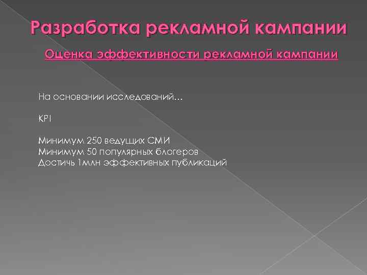 Разработка рекламной кампании Оценка эффективности рекламной кампании На основании исследований… KPI Минимум 250 ведущих
