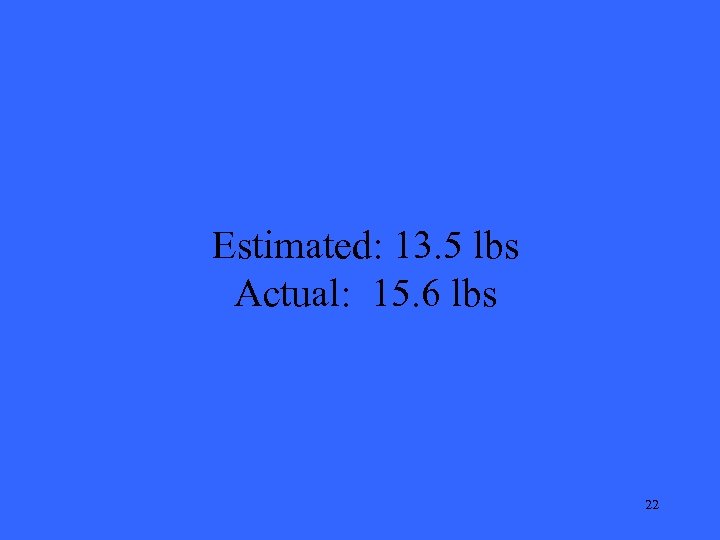 Estimated: 13. 5 lbs Actual: 15. 6 lbs 22 
