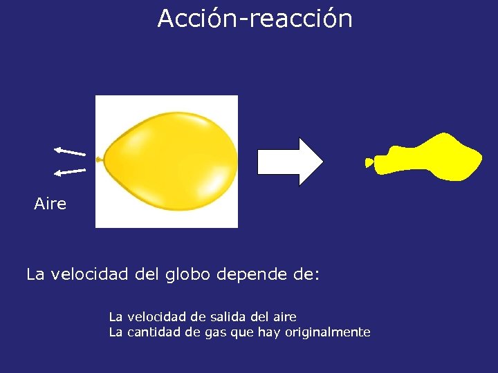 Acción-reacción Aire La velocidad del globo depende de: La velocidad de salida del aire
