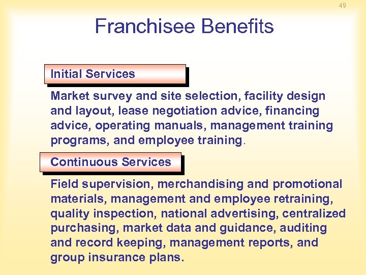 49 Franchisee Benefits Initial Services Market survey and site selection, facility design and layout,