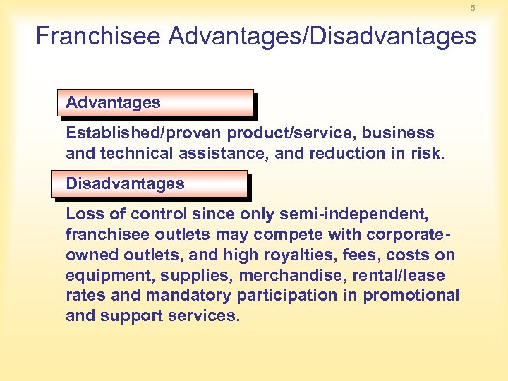 51 Franchisee Advantages/Disadvantages Advantages Established/proven product/service, business and technical assistance, and reduction in risk.