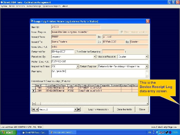 This is the Device Receipt Log data entry screen. 