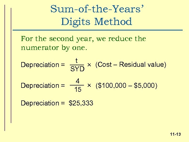 Sum-of-the-Years’ Digits Method For the second year, we reduce the numerator by one. t