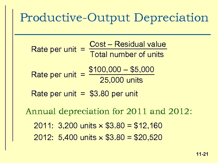 Productive-Output Depreciation Cost – Residual value Rate per unit = Total number of units