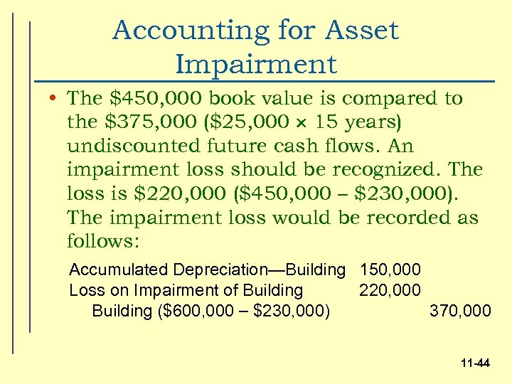 Accounting for Asset Impairment • The $450, 000 book value is compared to the