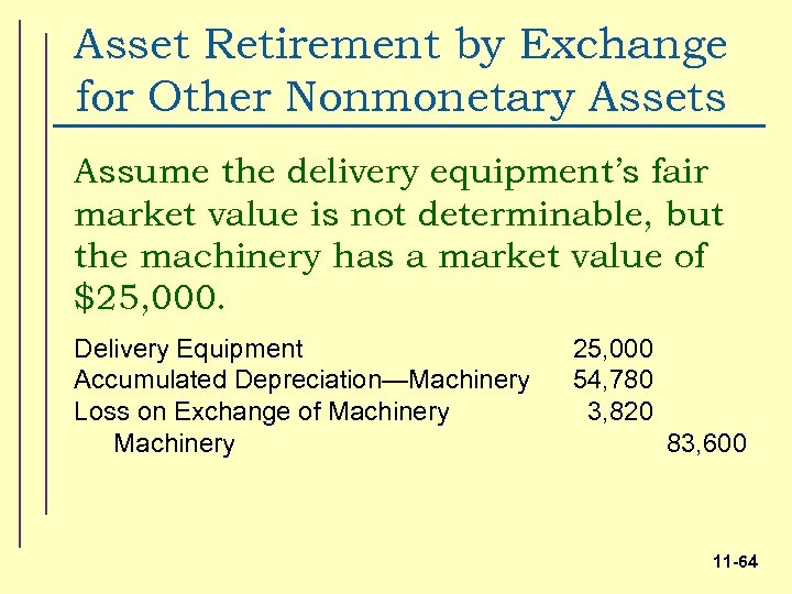Asset Retirement by Exchange for Other Nonmonetary Assets Assume the delivery equipment’s fair market