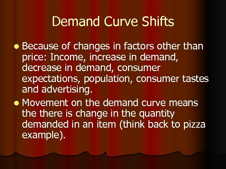 Demand Curve Shifts l Because of changes in factors other than price: Income, increase