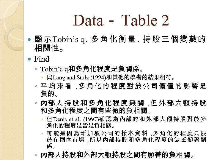 Data－ Table 2 顯 示 Tobin’s q、 角 化 衡 量 、 股 三