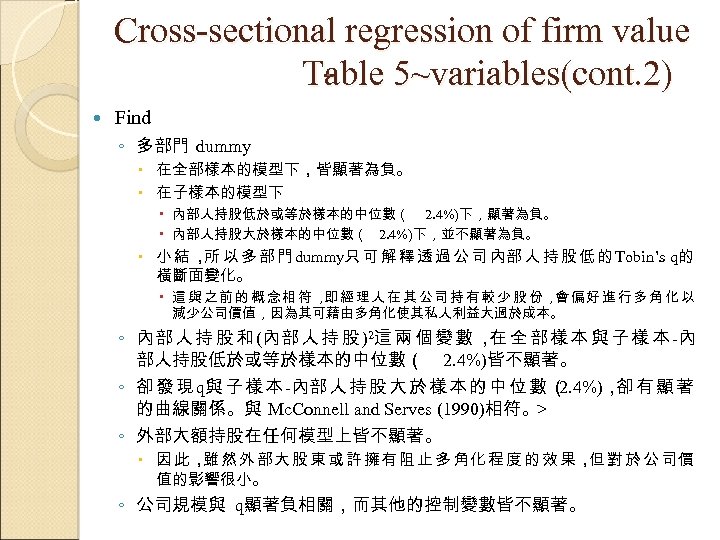 Cross-sectional regression of firm value 　　　　　－ 5~variables(cont. 2) Table Find ◦ 多部門 dummy 在全部樣本的模型下，皆顯著為負。