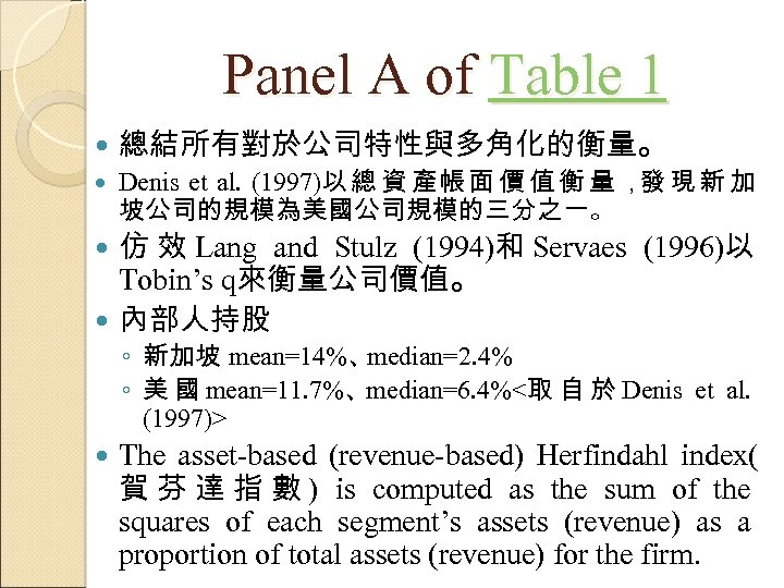 Panel A of Table 1 總結所有對於公司特性與多角化的衡量。 Denis et al. (1997)以 總 資 產帳 面