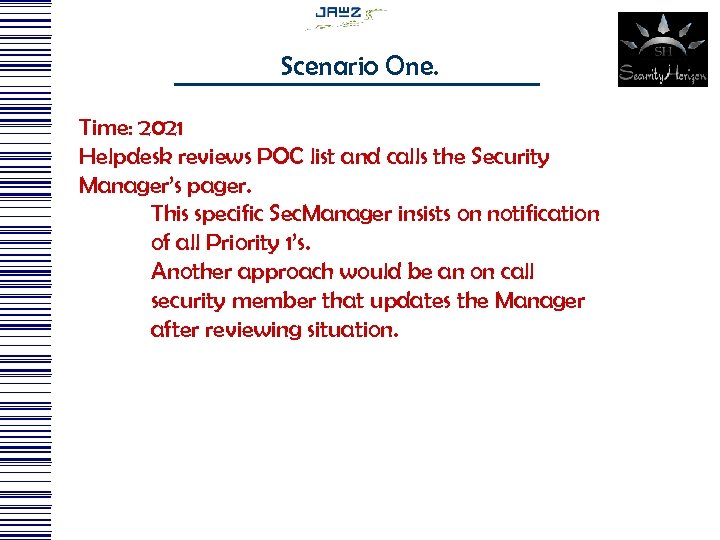 Scenario One. Time: 2021 Helpdesk reviews POC list and calls the Security Manager’s pager.