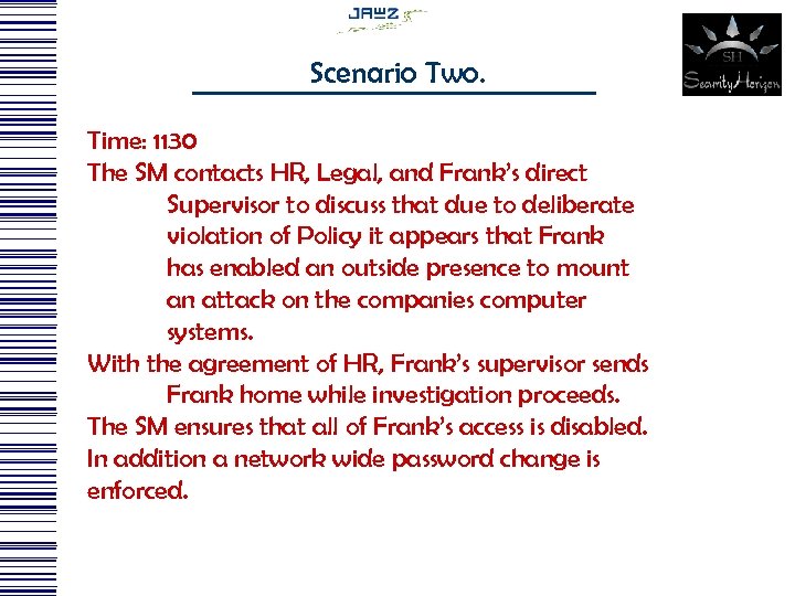 Scenario Two. Time: 1130 The SM contacts HR, Legal, and Frank’s direct Supervisor to