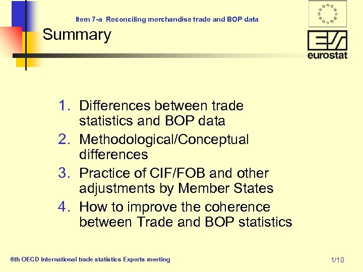 Item 7 -a Reconciling merchandise trade and BOP data Summary 1. Differences between trade