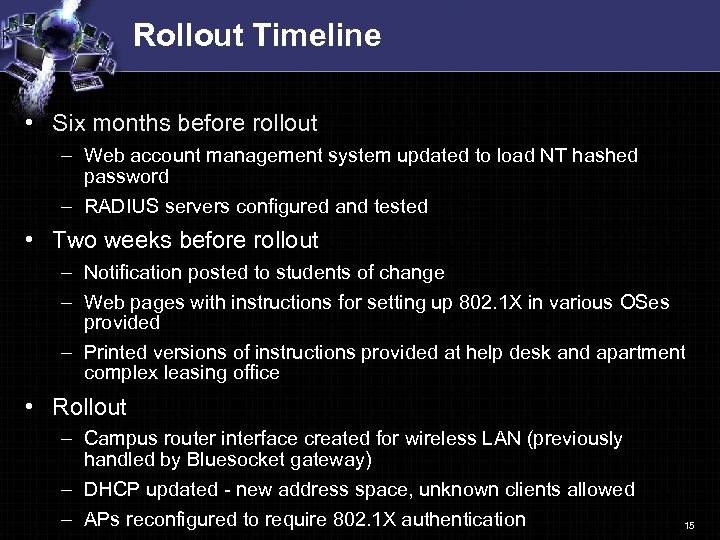 Rollout Timeline • Six months before rollout – Web account management system updated to