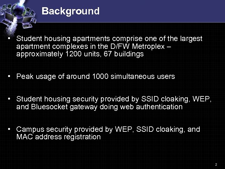 Background • Student housing apartments comprise one of the largest apartment complexes in the