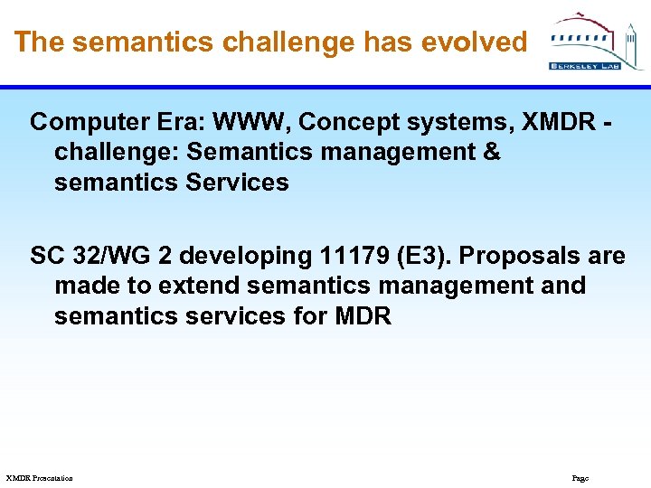 The semantics challenge has evolved Computer Era: WWW, Concept systems, XMDR challenge: Semantics management