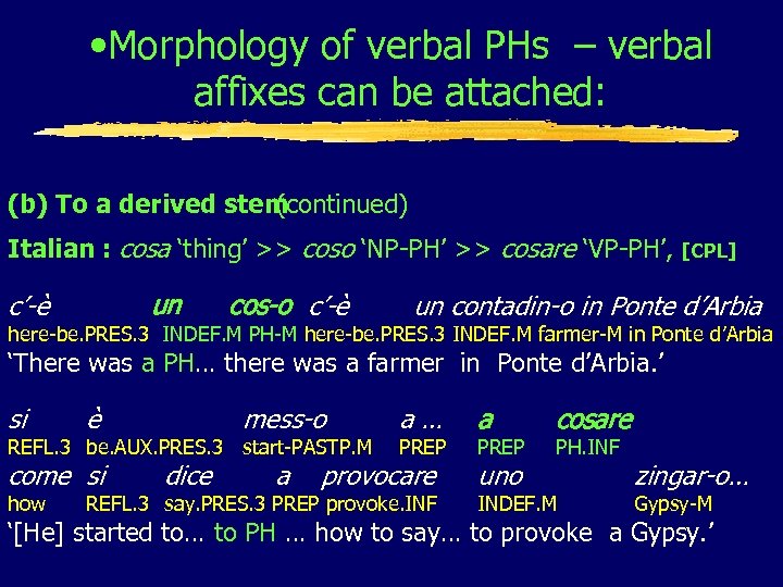 • Morphology of verbal PHs – verbal affixes can be attached: (b) To