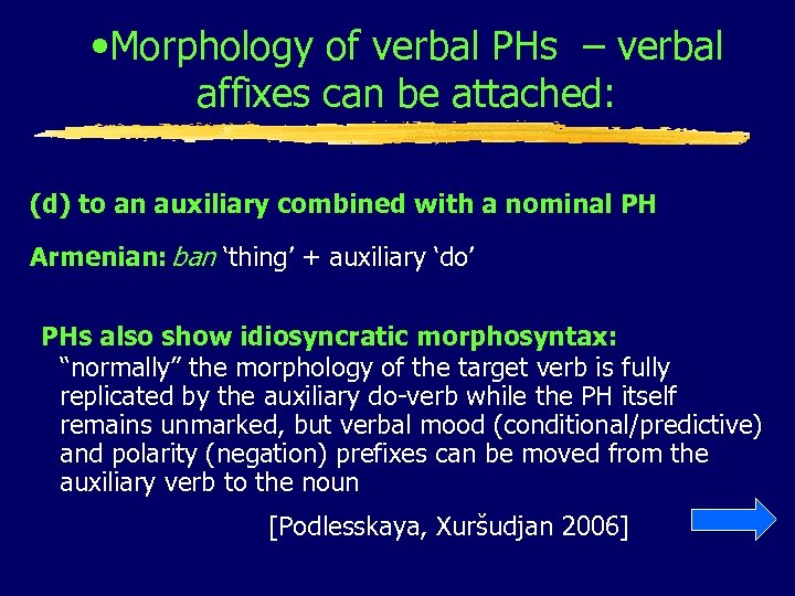  • Morphology of verbal PHs – verbal affixes can be attached: (d) to