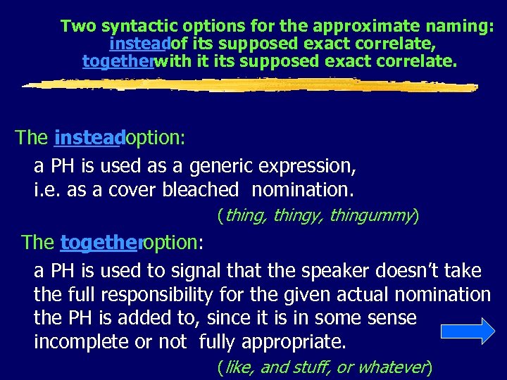 Two syntactic options for the approximate naming: insteadof its supposed exact correlate, togetherwith it