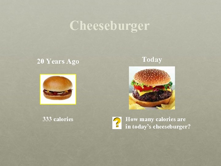 Cheeseburger 20 Years Ago 333 calories Today How many calories are in today’s cheeseburger?