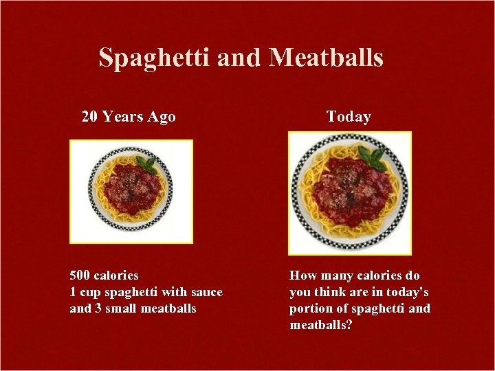 Spaghetti and Meatballs 20 Years Ago 500 calories 1 cup spaghetti with sauce and