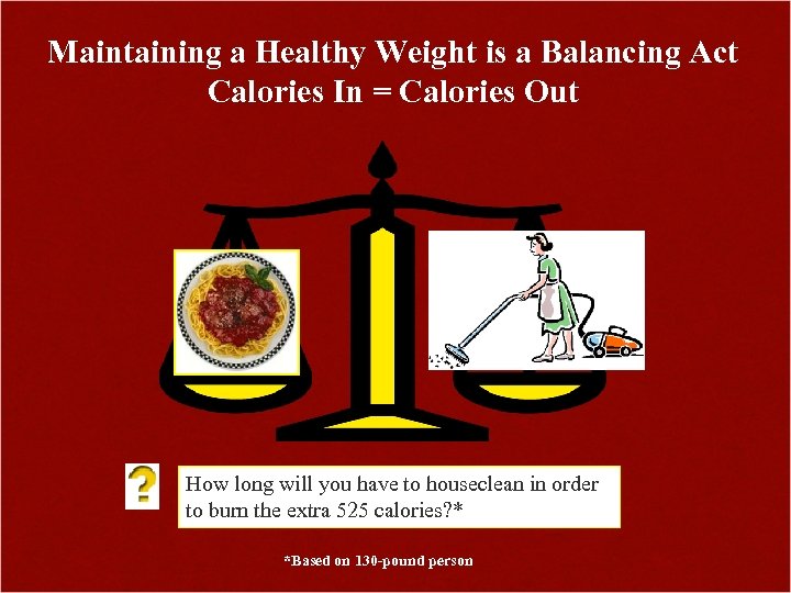 Maintaining a Healthy Weight is a Balancing Act Calories In = Calories Out How