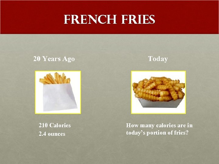 French Fries 20 Years Ago Today 210 Calories 2. 4 ounces How many calories