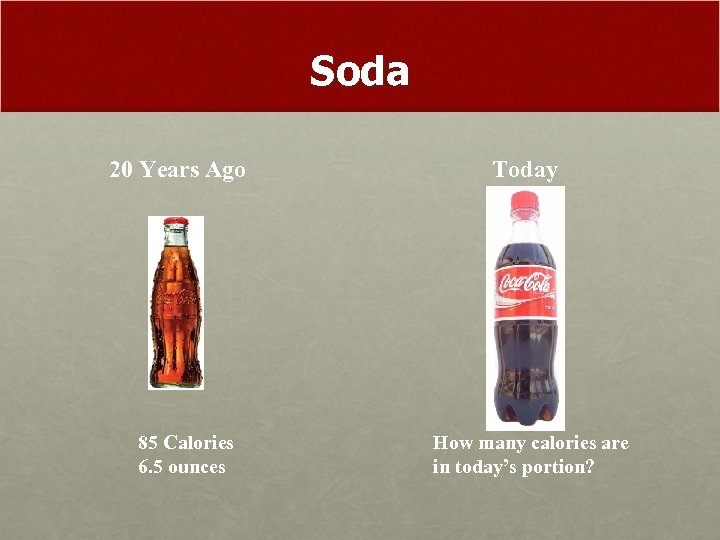 Soda 20 Years Ago 85 Calories 6. 5 ounces Today How many calories are