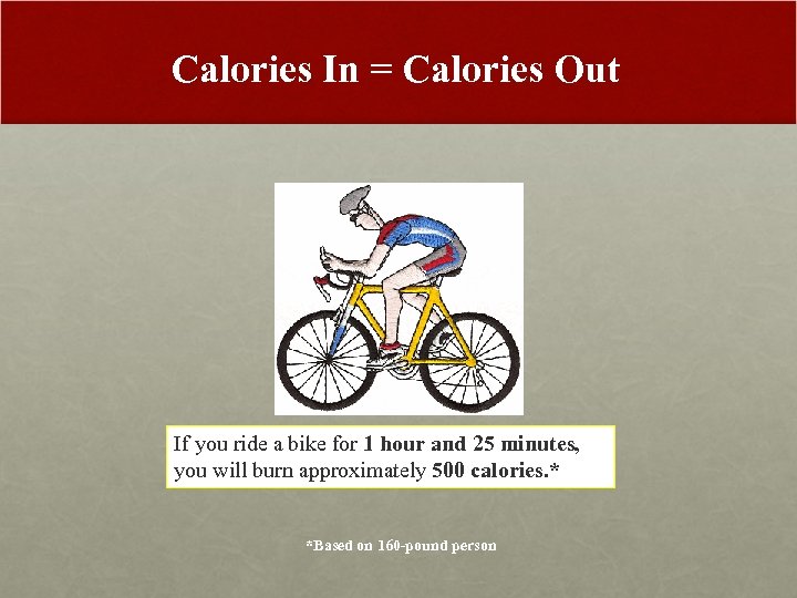 Calories In = Calories Out If you ride a bike for 1 hour and