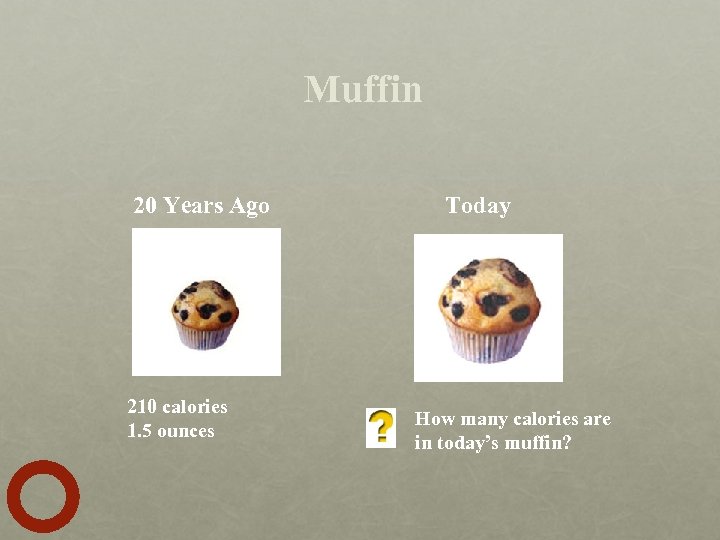 Muffin 20 Years Ago 210 calories 1. 5 ounces Today How many calories are