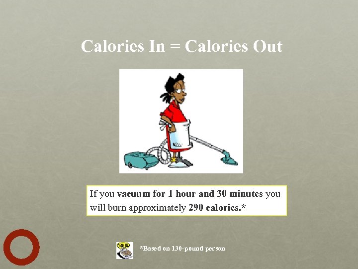 Calories In = Calories Out If you vacuum for 1 hour and 30 minutes